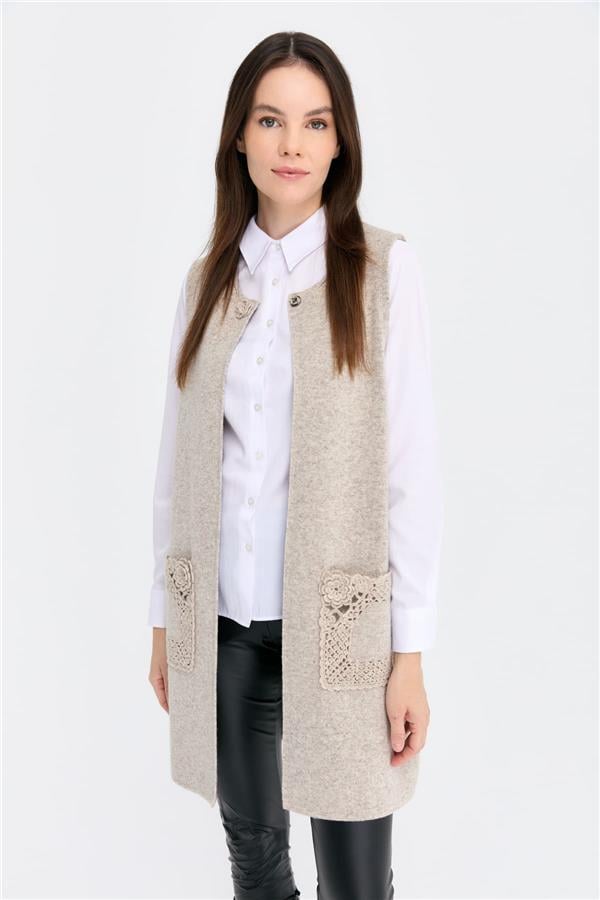 Kadın Sıfır Yaka Önü Açık Uzun Yün Yelek V.Bej
