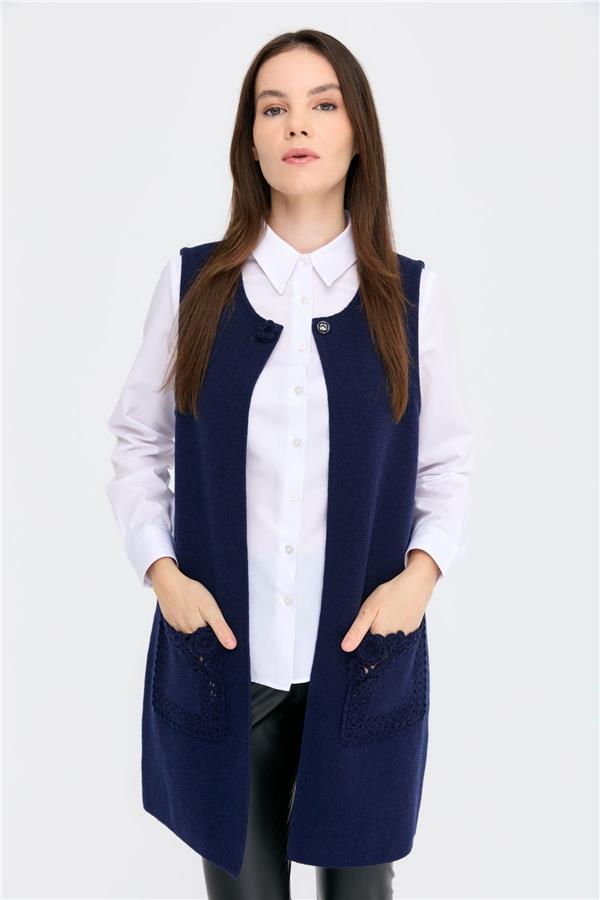 Kadın Sıfır Yaka Önü Açık Uzun Yün Yelek Y.A Lacivert