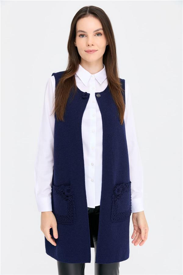 Kadın Sıfır Yaka Önü Açık Uzun Yün Yelek Y.A Lacivert