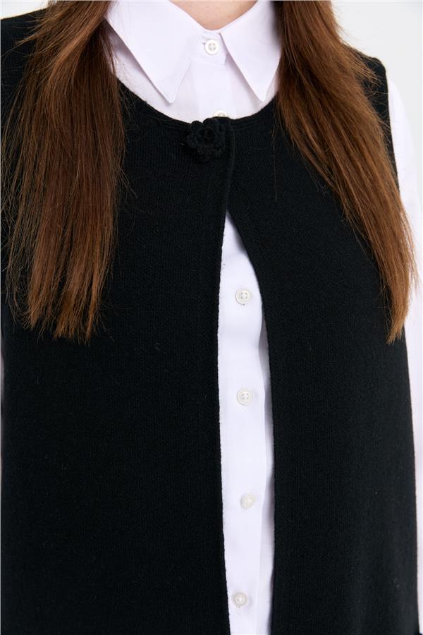 Kadın Sıfır Yaka Önü Açık Uzun Yün Yelek Siyah