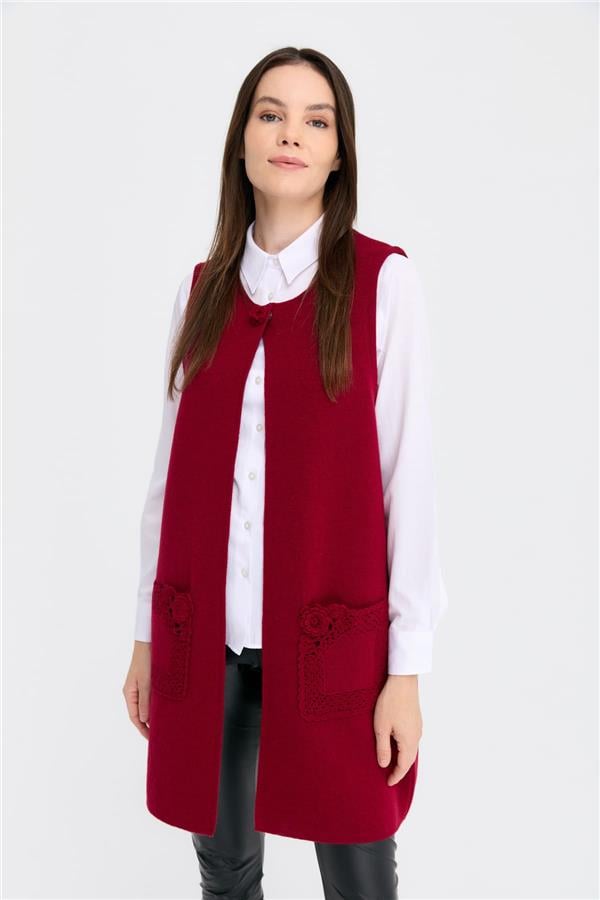 Kadın Sıfır Yaka Önü Açık Uzun Yün Yelek V.Çürüğü