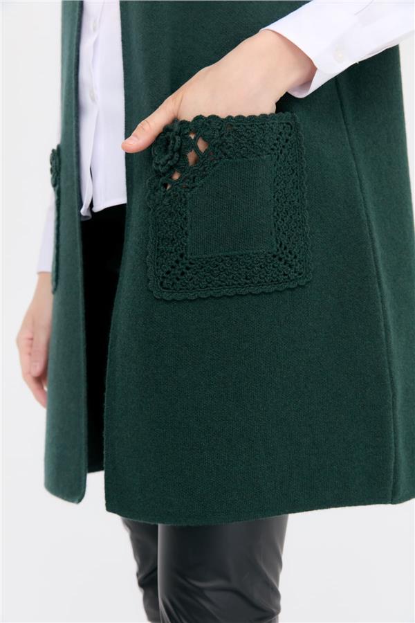 Kadın Sıfır Yaka Önü Açık Uzun Yün Yelek Yeşil
