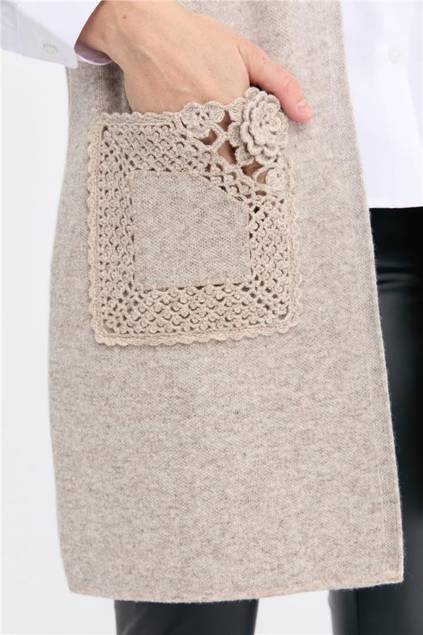 Kadın Sıfır Yaka Önü Açık Uzun Yün Yelek V.Bej