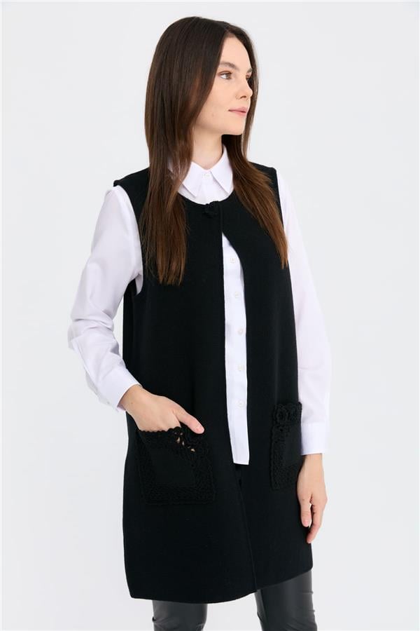 Kadın Sıfır Yaka Önü Açık Uzun Yün Yelek Siyah