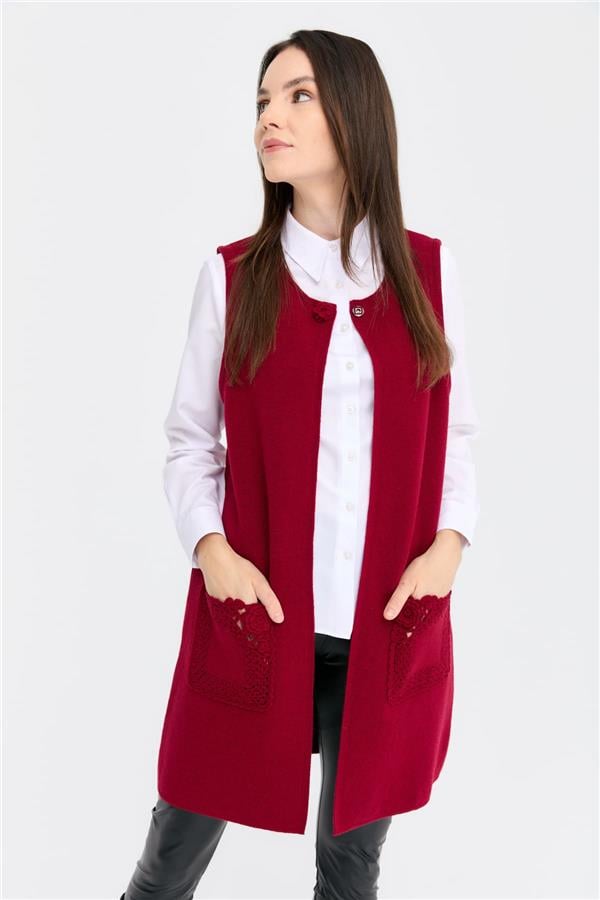 Kadın Sıfır Yaka Önü Açık Uzun Yün Yelek V.Çürüğü