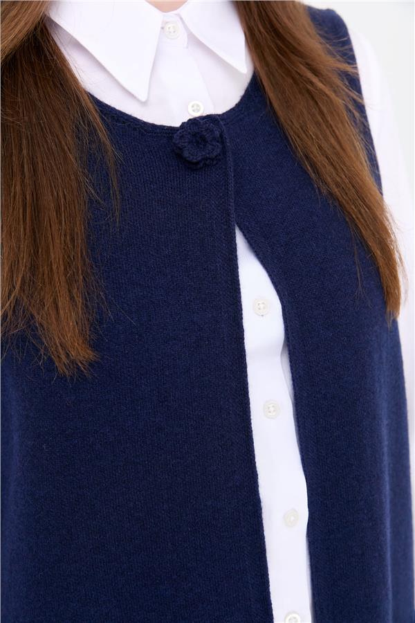 Kadın Sıfır Yaka Önü Açık Uzun Yün Yelek Y.A Lacivert