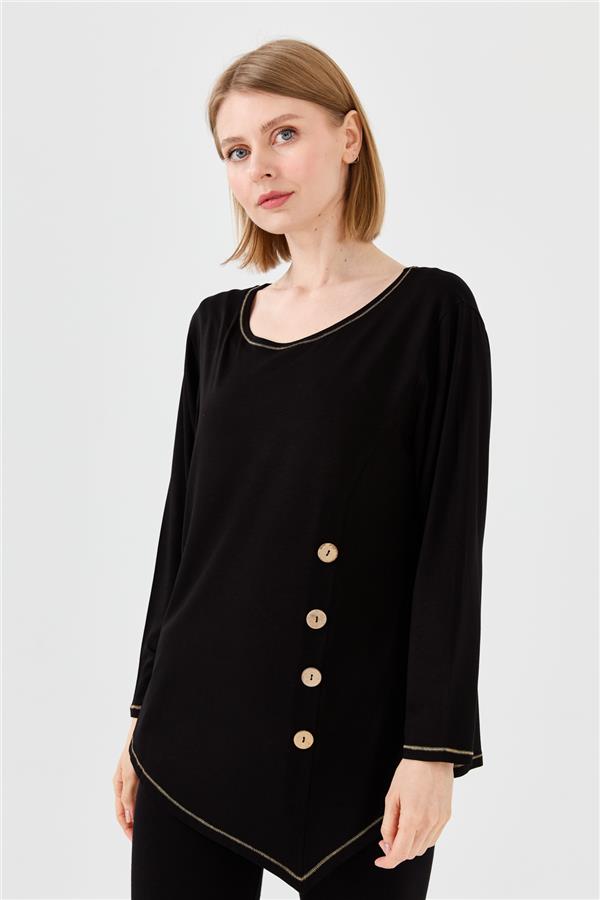 Womens Crew Neck Combed Blouse With Wooden Buttons Black