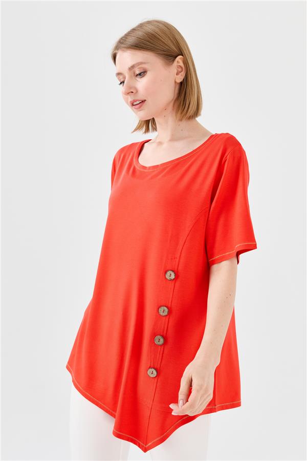 Женская хлопковая футболка с круглым вырезом на деревянной пуговице спереди оранжевая 