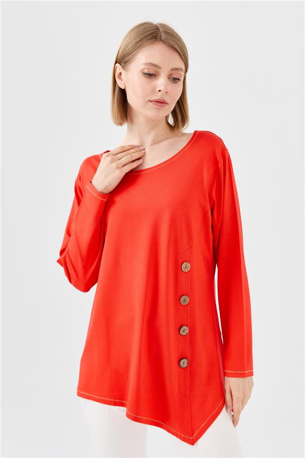 Womens Crew Neck Combed Blouse With Wooden Buttons Orange