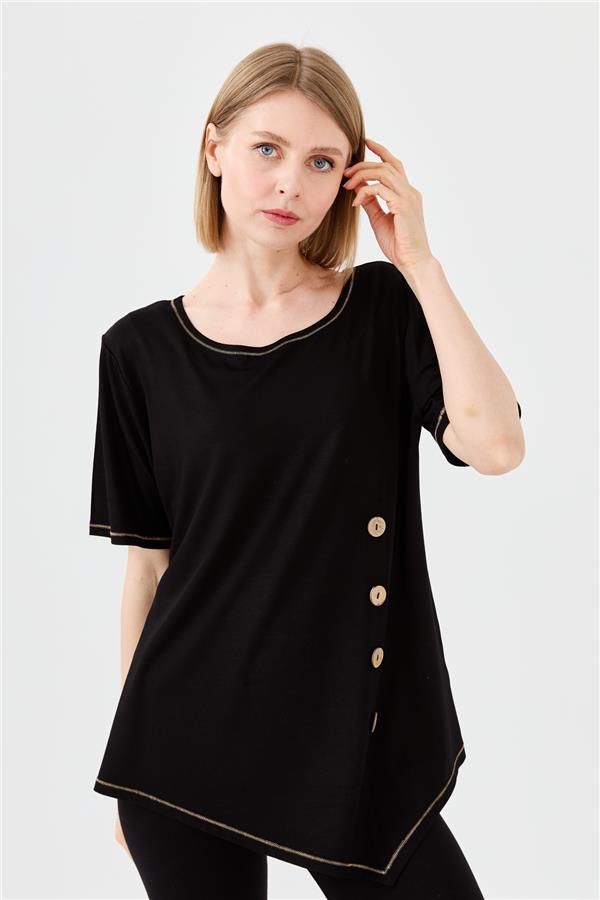 Женская хлопковая футболка с круглым вырезом на деревянной пуговице спереди черная 