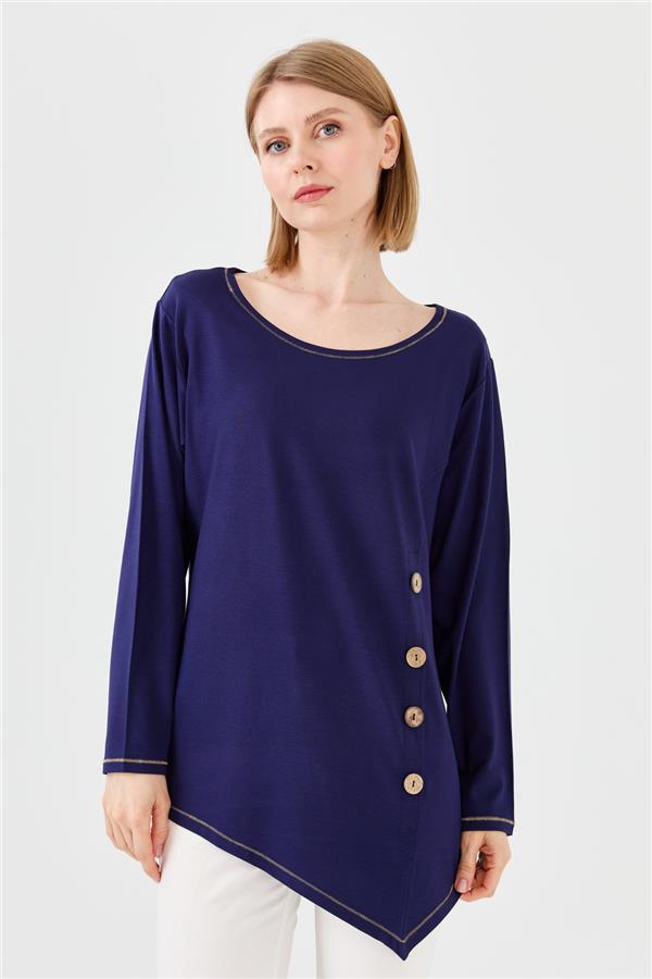 Womens Crew Neck Combed Blouse With Wooden Buttons Navy Blue