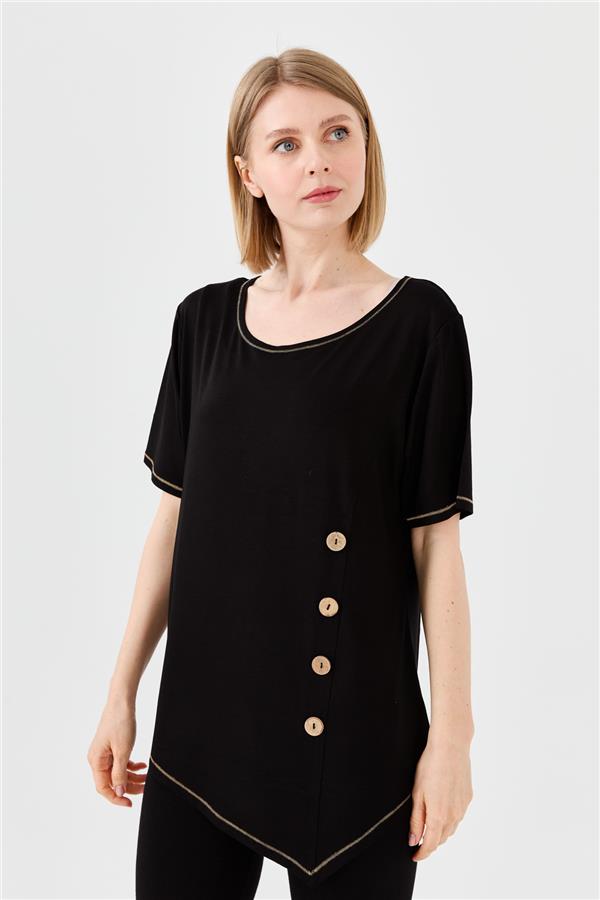 Женская хлопковая футболка с круглым вырезом на деревянной пуговице спереди черная 