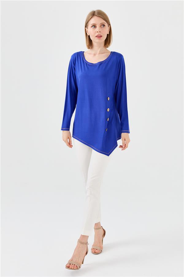 Kadın Sıfır Yaka Önü Ahşap Düğmeli Penye Bluz Saks