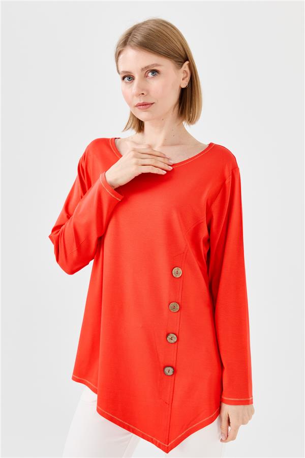 Womens Crew Neck Combed Blouse With Wooden Buttons Orange