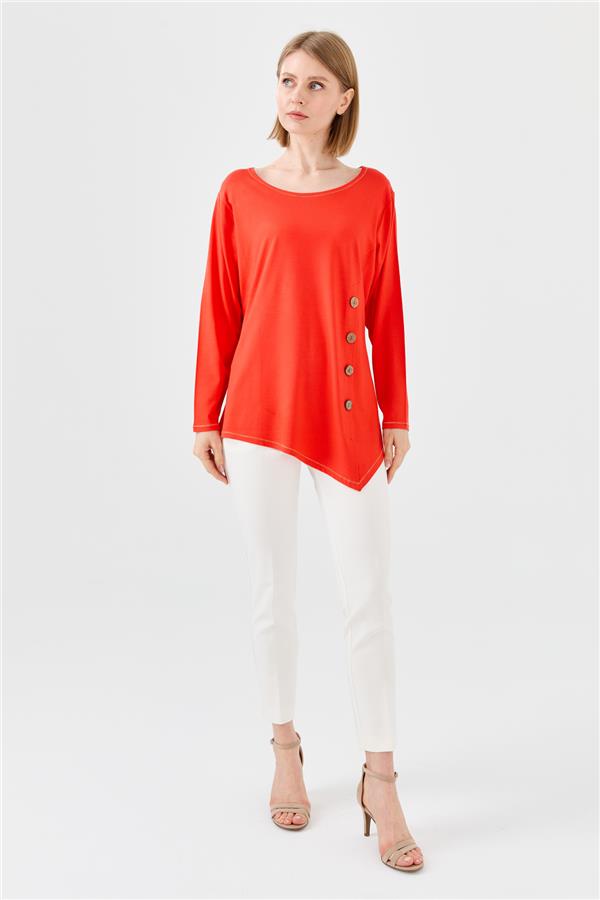 Womens Crew Neck Combed Blouse With Wooden Buttons Orange