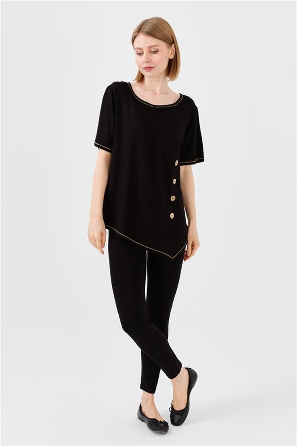 Женская хлопковая футболка с круглым вырезом на деревянной пуговице спереди черная 