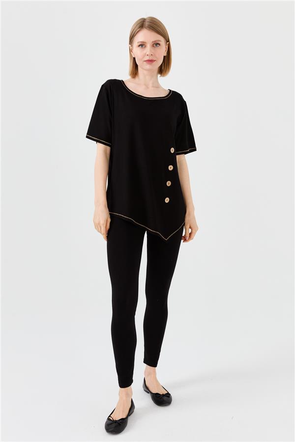 Женская хлопковая футболка с круглым вырезом на деревянной пуговице спереди черная 