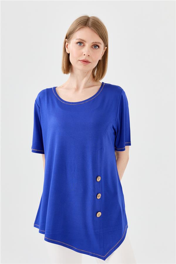 Женская хлопковая футболка с круглым вырезом на деревянной пуговице спереди ярко синяя 