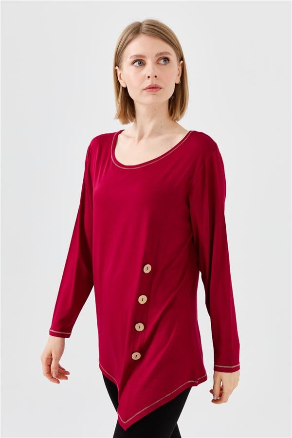 Kadın Sıfır Yaka Önü Ahşap Düğmeli Penye Bluz Bordo