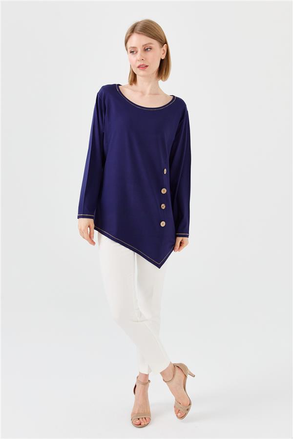 Womens Crew Neck Combed Blouse With Wooden Buttons Navy Blue