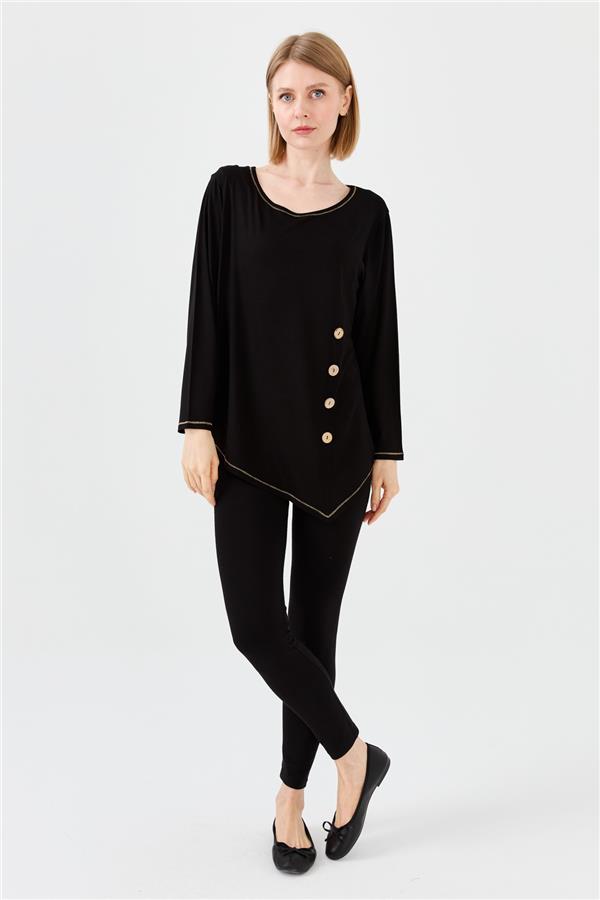 Womens Crew Neck Combed Blouse With Wooden Buttons Black