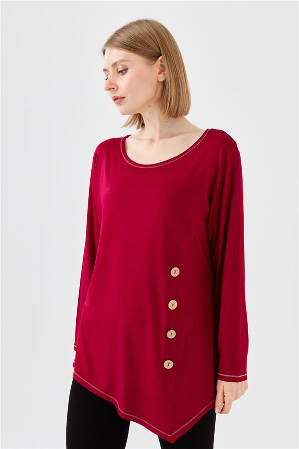 Kadın Sıfır Yaka Önü Ahşap Düğmeli Penye Bluz Bordo