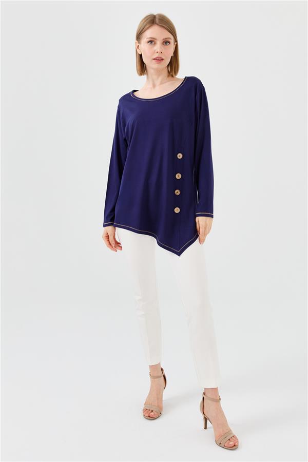 Womens Crew Neck Combed Blouse With Wooden Buttons Navy Blue