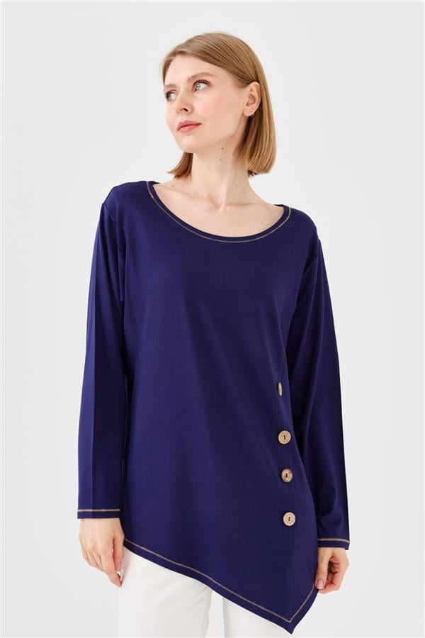 Womens Crew Neck Combed Blouse With Wooden Buttons Navy Blue