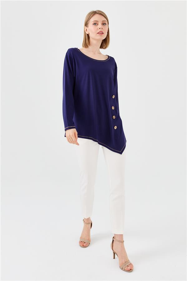 Womens Crew Neck Combed Blouse With Wooden Buttons Navy Blue