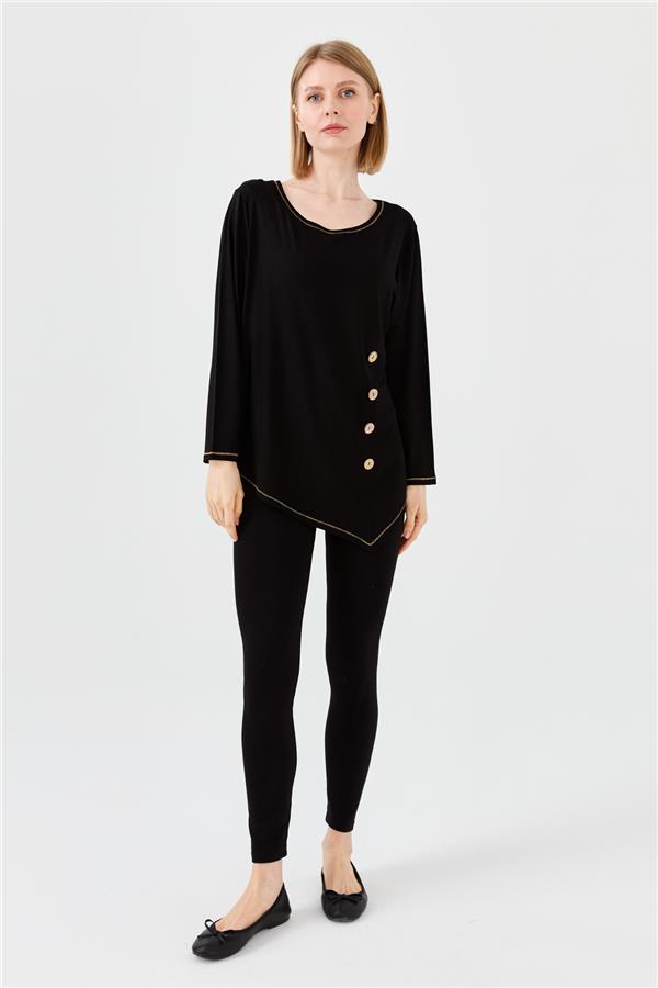 Womens Crew Neck Combed Blouse With Wooden Buttons Black