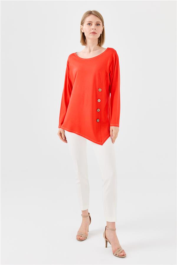 Womens Crew Neck Combed Blouse With Wooden Buttons Orange