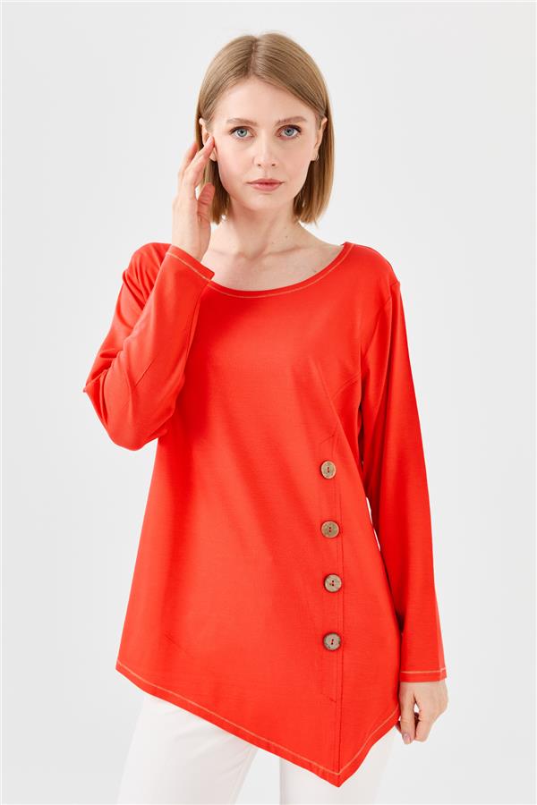 Womens Crew Neck Combed Blouse With Wooden Buttons Orange