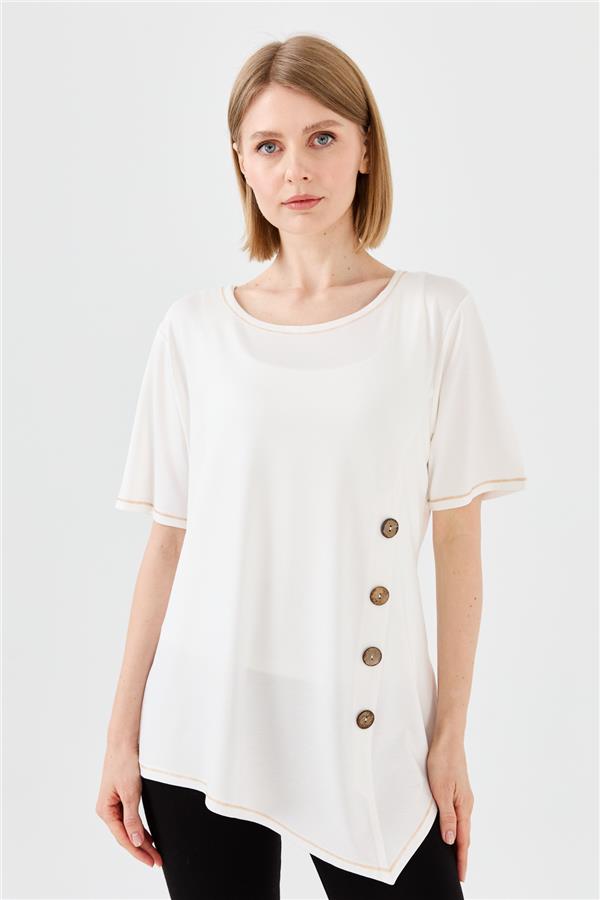 Женская хлопковая футболка с круглым вырезом на деревянной пуговице спереди цвета слоновой кости 