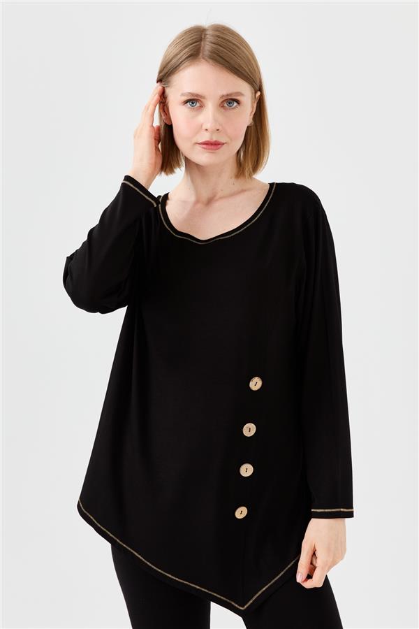 Womens Crew Neck Combed Blouse With Wooden Buttons Black