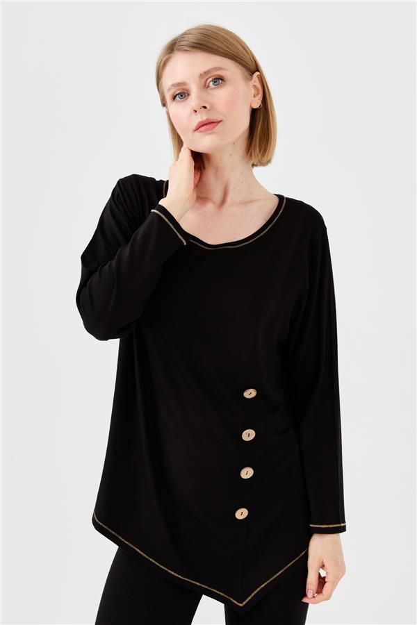 Womens Crew Neck Combed Blouse With Wooden Buttons Black