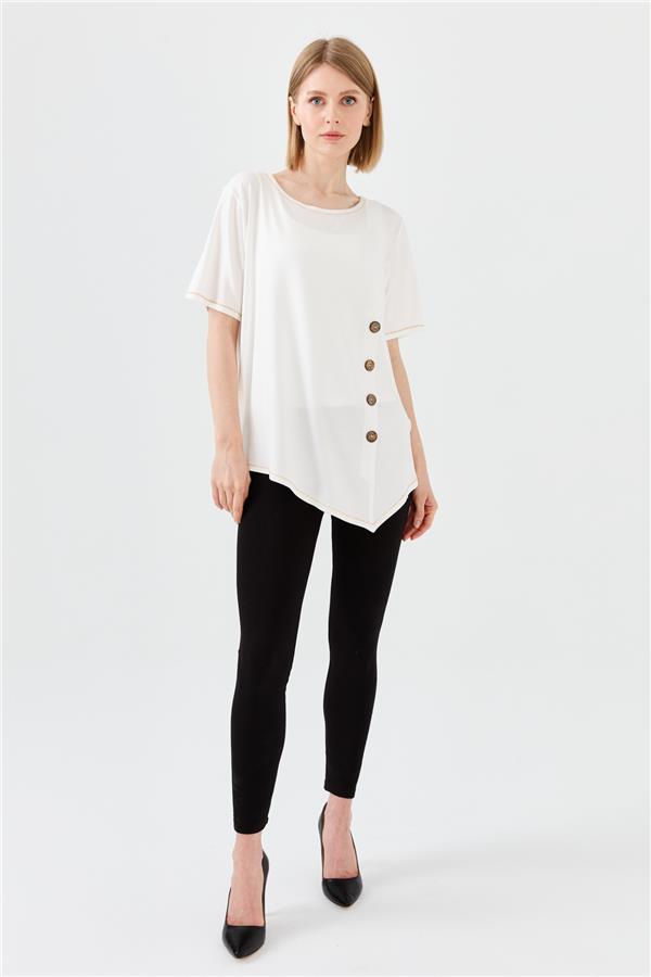 Женская хлопковая футболка с круглым вырезом на деревянной пуговице спереди цвета слоновой кости 