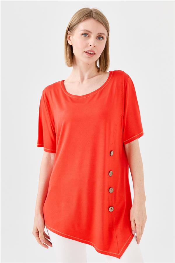 Женская хлопковая футболка с круглым вырезом на деревянной пуговице спереди оранжевая 