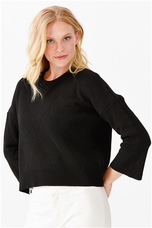 Женский короткий свитер с круглым вырезом и узором ромбы спереди, черный