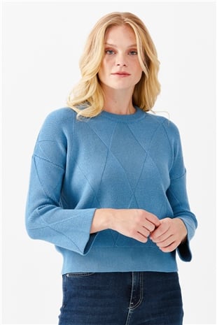 Женский короткий свитер с круглым вырезом и узором ромбы спереди, голубой