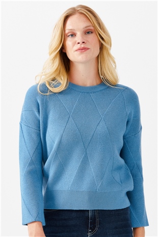 Женский короткий свитер с круглым вырезом и узором ромбы спереди, голубой
