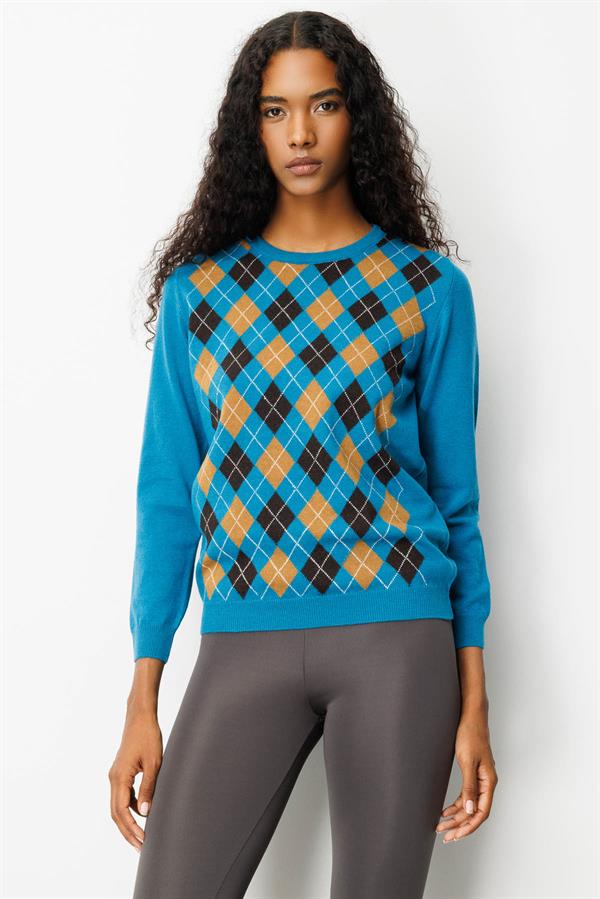 Kadın Sıfır Yaka Önü Baklavalı Yün Kazak A.Petrol