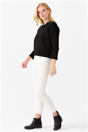 Женский короткий свитер с круглым вырезом и узором ромбы спереди, черный