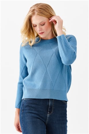 Женский короткий свитер с круглым вырезом и узором ромбы спереди, голубой