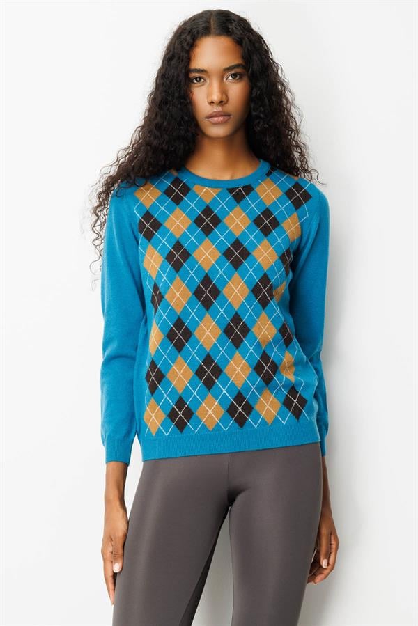 Kadın Sıfır Yaka Önü Baklavalı Yün Kazak A.Petrol