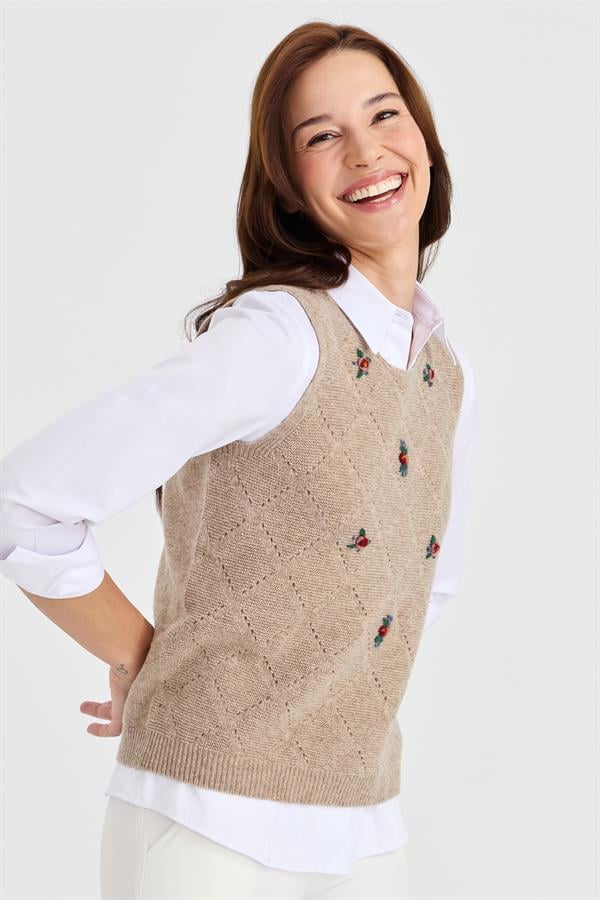 Женский свободный шерстяной свитер с круглым вырезом спереди