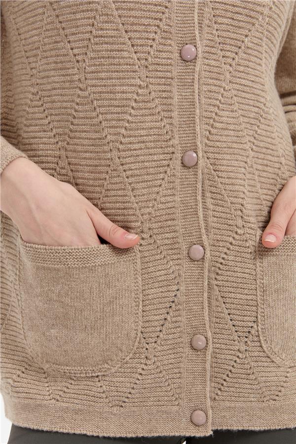 Womens Crew Neck Seamless Wool Cardigan Dark Beige