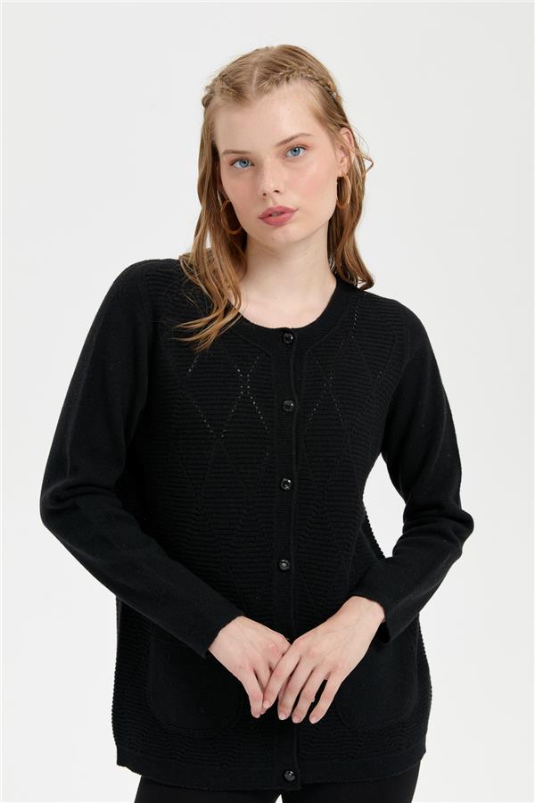 Kadın Sıfır Yaka Önü Baklava Örgü Dikişsiz Yün Hırka Siyah