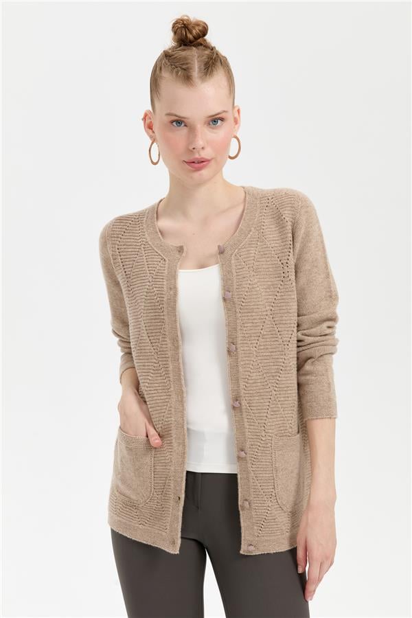 Womens Crew Neck Seamless Wool Cardigan Dark Beige
