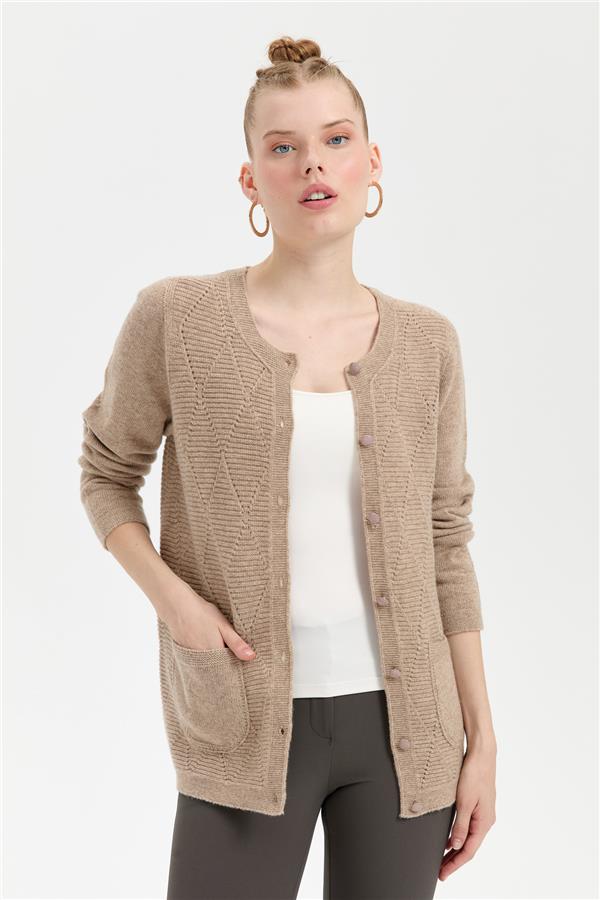 Womens Crew Neck Seamless Wool Cardigan Dark Beige