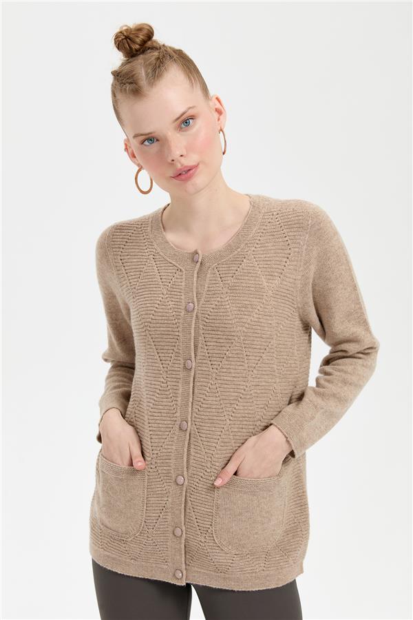 Womens Crew Neck Seamless Wool Cardigan Dark Beige
